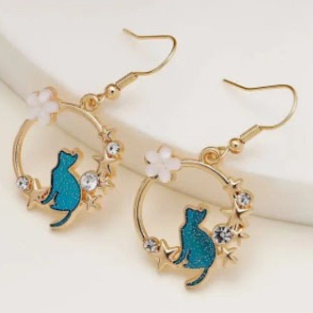 Cute Cat Earrings Geometric Circle Drop Gold Color Dangles